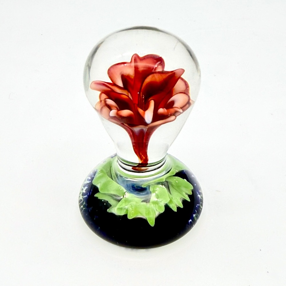 Artisan Glass Paperweight Red Lampwork Flower Green Ruffled Base Blue Speckled